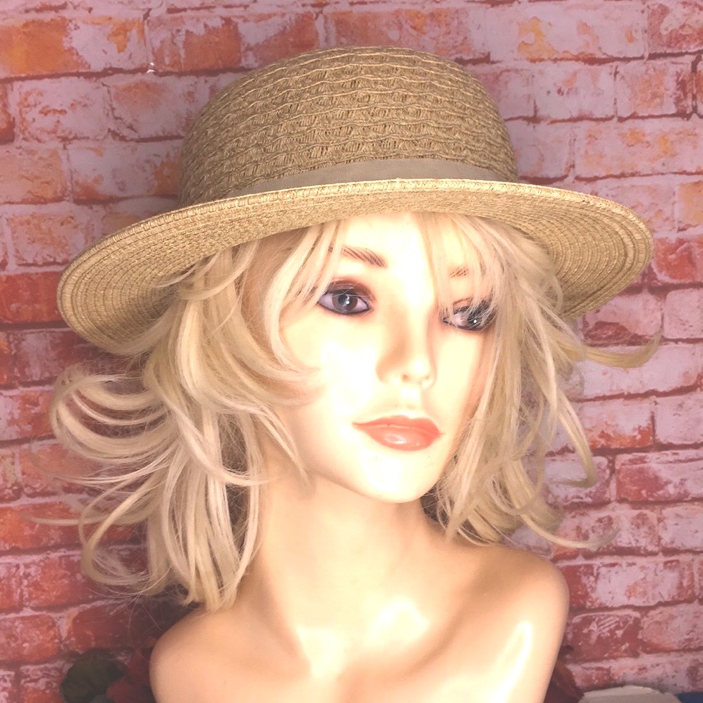 Nine West Tan Woven Staw Boater Fedora Sun Hat